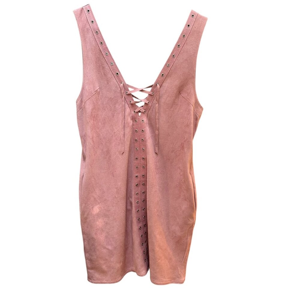 Missguided Mini Dress Blush Pink Faux‎ Suede Lace-Up Back Rave Boho Size 2